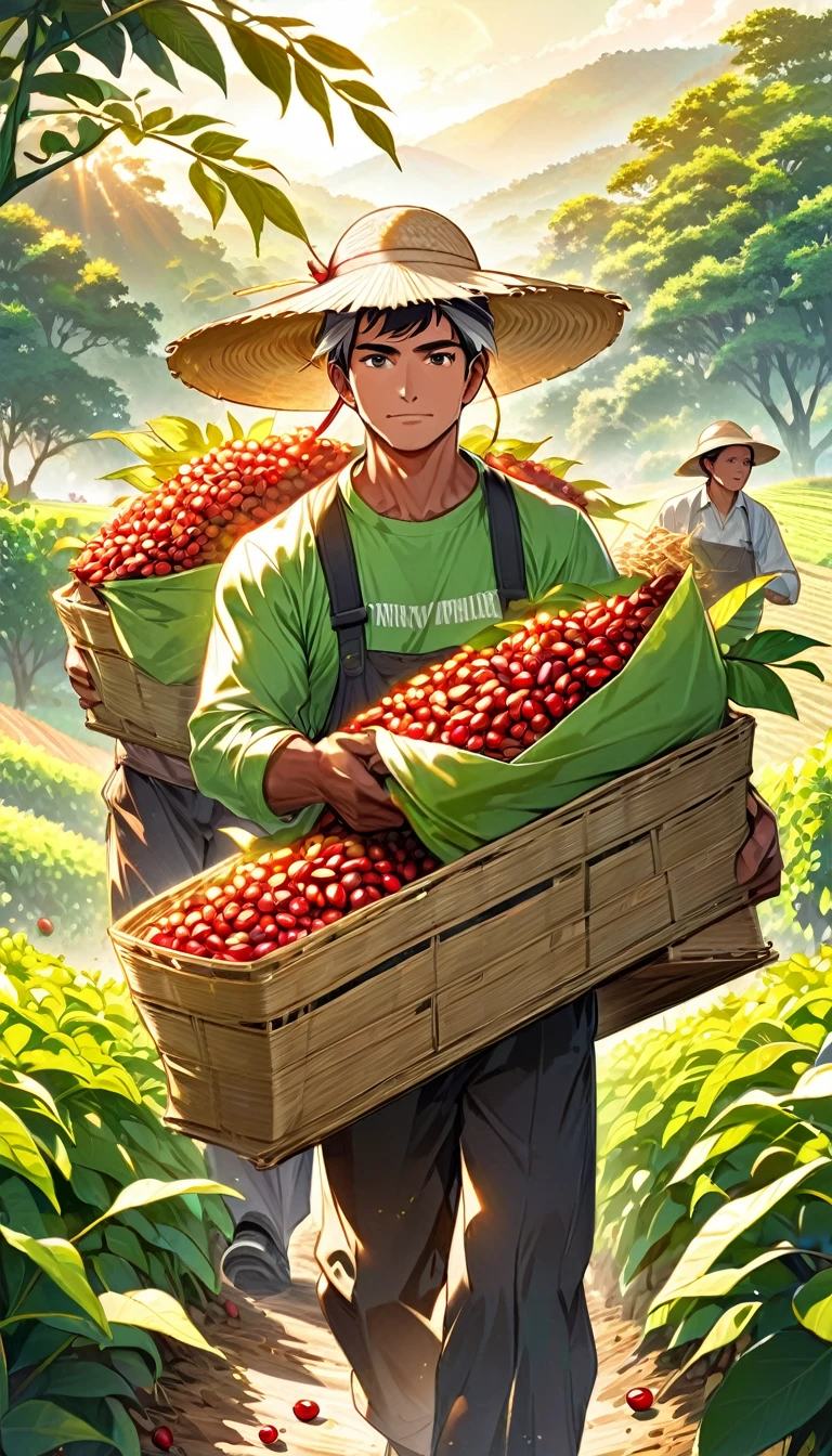 Create a colorful illustration that highlights the strength and vitality of the coffee field. The image should show a vast coffee plantation with neat rows of healthy, green bushes loaded with red cherries. In the center of the scene include a robust farm worker with defined muscles, wearing a rolled-up long-sleeved shirt, work pants and a straw hat, as he carries a heavy bag of coffee beans on his back. Your expression should reflect determination and pride in hard work.

In the background, show the rising sun, illuminating the landscape with golden tones, symbolizing a new day of work and the promise of an abundant harvest. Add details like harvesting tools, baskets full of coffee cherries, and an ox cart in the distance, loaded with bags of coffee ready for transport.

Use vibrant, contrasting colors to highlight the vitality and energy of the countryside, with an emphasis on the green tones of plants, the red of coffee cherries and the gold of the sun. The scene should convey the essence of the hard work, physical strength and pride of the coffee field workers.
