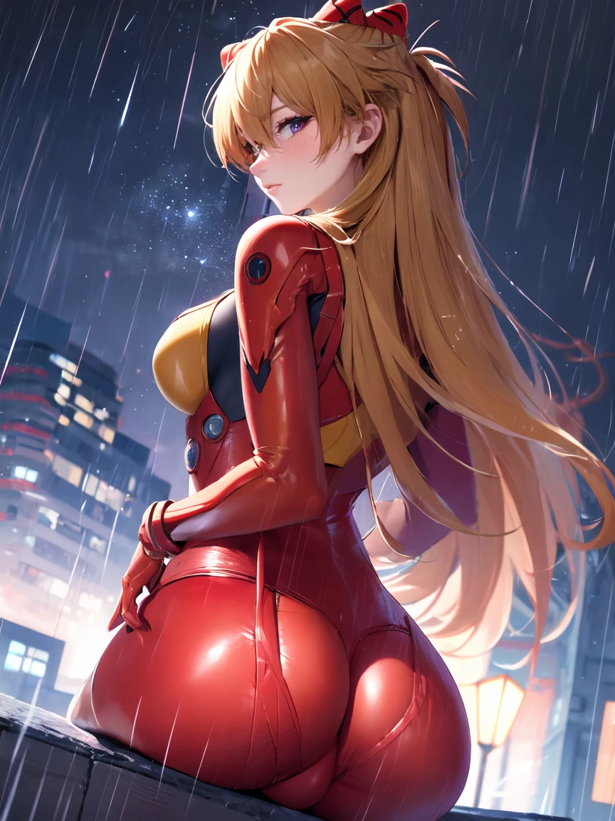 Asuka Langley ,masterpiece, best quality,,city,cyperpunk,night,rain,moon, HUGE ASS, BACK VIEWER, BLUSH, SEDUCTIVE LOOK,