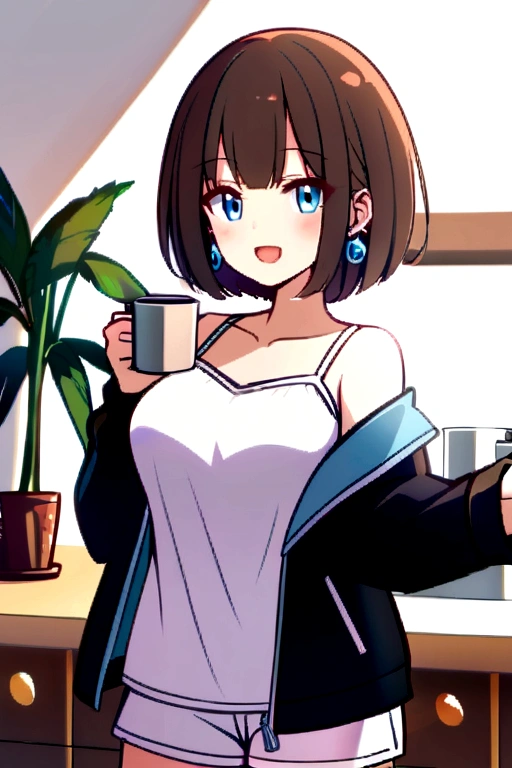 -galgame style, 1girl, brown hair, solo, short hair, indoors, cup, white shorts, looking at viewer, plant, smile, blue eyes, open mouth, kitchen, shorts, holding, coffee, potted plant, breasts, mug, blush, camisole, collarbone, coffee mug, jacket, earrings, jewelry, off shoulder, bangs, :d, holding cup, bare shoulders, open clothes