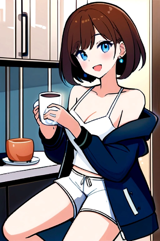 -galgame style, 1girl, brown hair, solo, short hair, indoors, cup, white shorts, looking at viewer, plant, smile, blue eyes, open mouth, kitchen, shorts, holding, coffee, potted plant, breasts, mug, blush, camisole, collarbone, coffee mug, jacket, earrings, jewelry, off shoulder, bangs, :d, holding cup, bare shoulders, open clothes