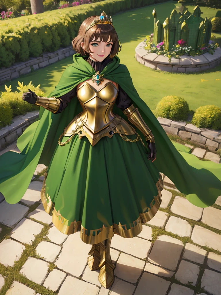 masterpiece, best quality:1.2), 1girl, smile, looking at viewer, green eyes, short brown hair, princess, armor, , pauldrons, armored dress, green cloak cape, wearing puffy blue ballgown skirt, golden tiara with green gem, armored boots, fingerless gloves, standing in medieval garden