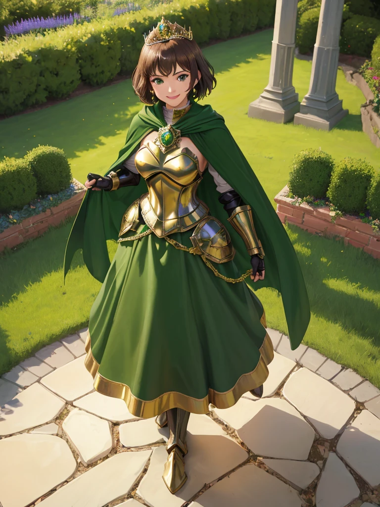 masterpiece, best quality:1.2), 1girl, smile, looking at viewer, green eyes, short brown hair, princess, armor, , pauldrons, armored dress, green cloak cape, wearing puffy blue ballgown skirt, golden tiara with green gem, armored boots, fingerless gloves, standing in medieval garden