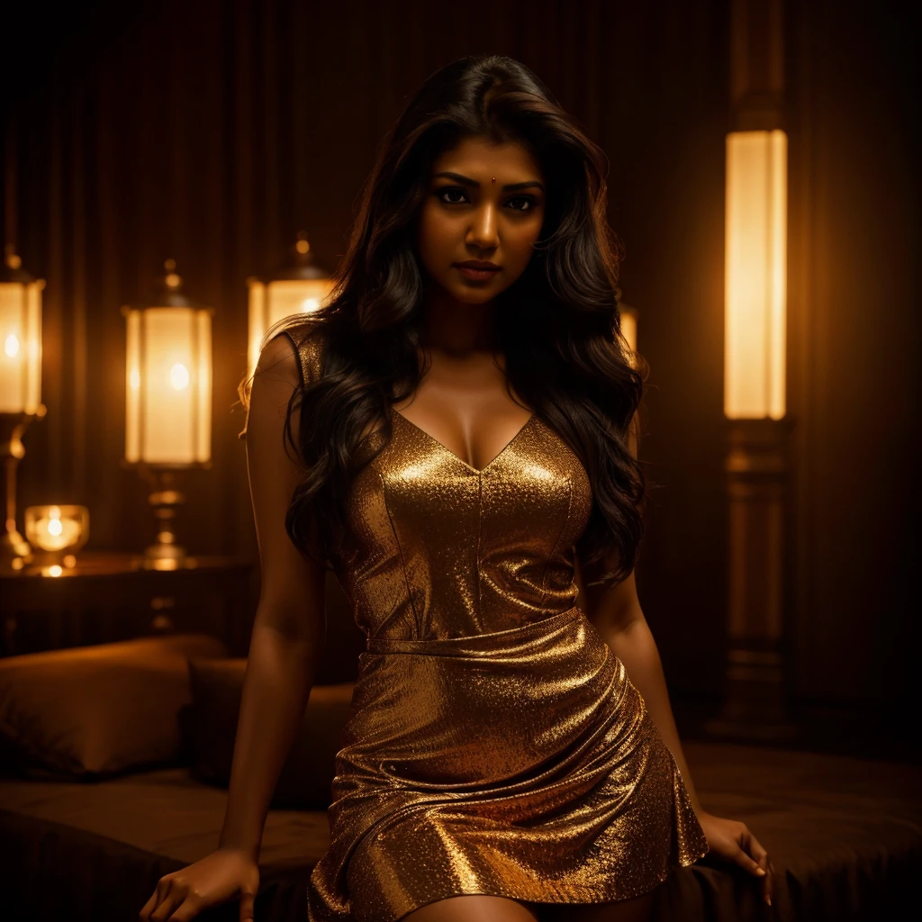 a beautiful actress nayantara, wearing a short dress, long dark hair, alluring expression, photoshoot, striking pose, cinematic lighting, highly detailed, realistic, 8k, hyperrealistic, chiaroscuro, dramatic colors, cinematic atmosphere