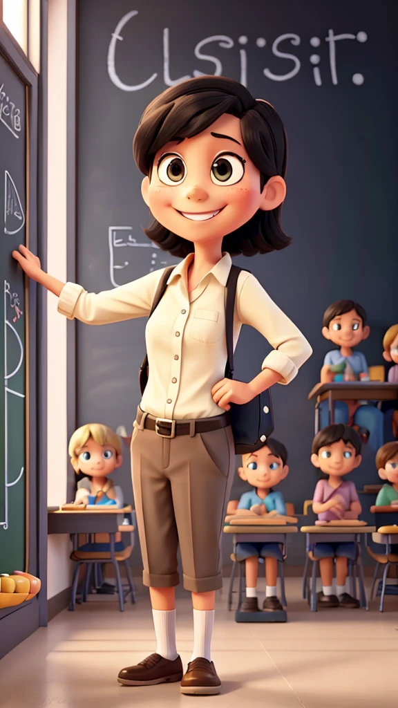 A playful cartoon teacher standing in front of a blackboard, asking a group of smiling cartoon kids,