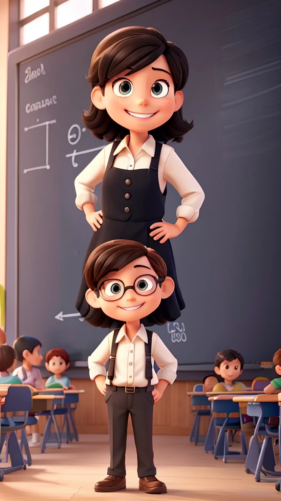 A playful cartoon teacher standing in front of a blackboard, asking a group of smiling cartoon kids, 
