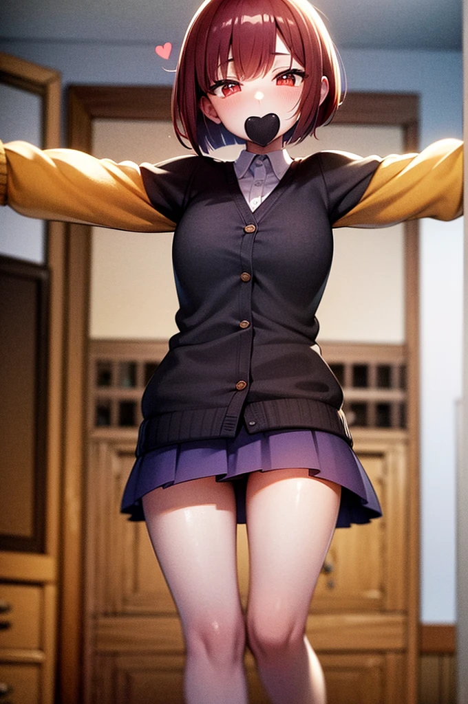 (The ultimate masterpiece), (Ultra HD), (Ultra-fine), High resolution, Ultimate beauty, High chroma, vivid, (pretty girl), heart, Thighs, (cardigan), (skirt), Super Smile, Mouth open, Red hair,ショートBob,(Bob),Red Eyes ,Small breasts, Cute room