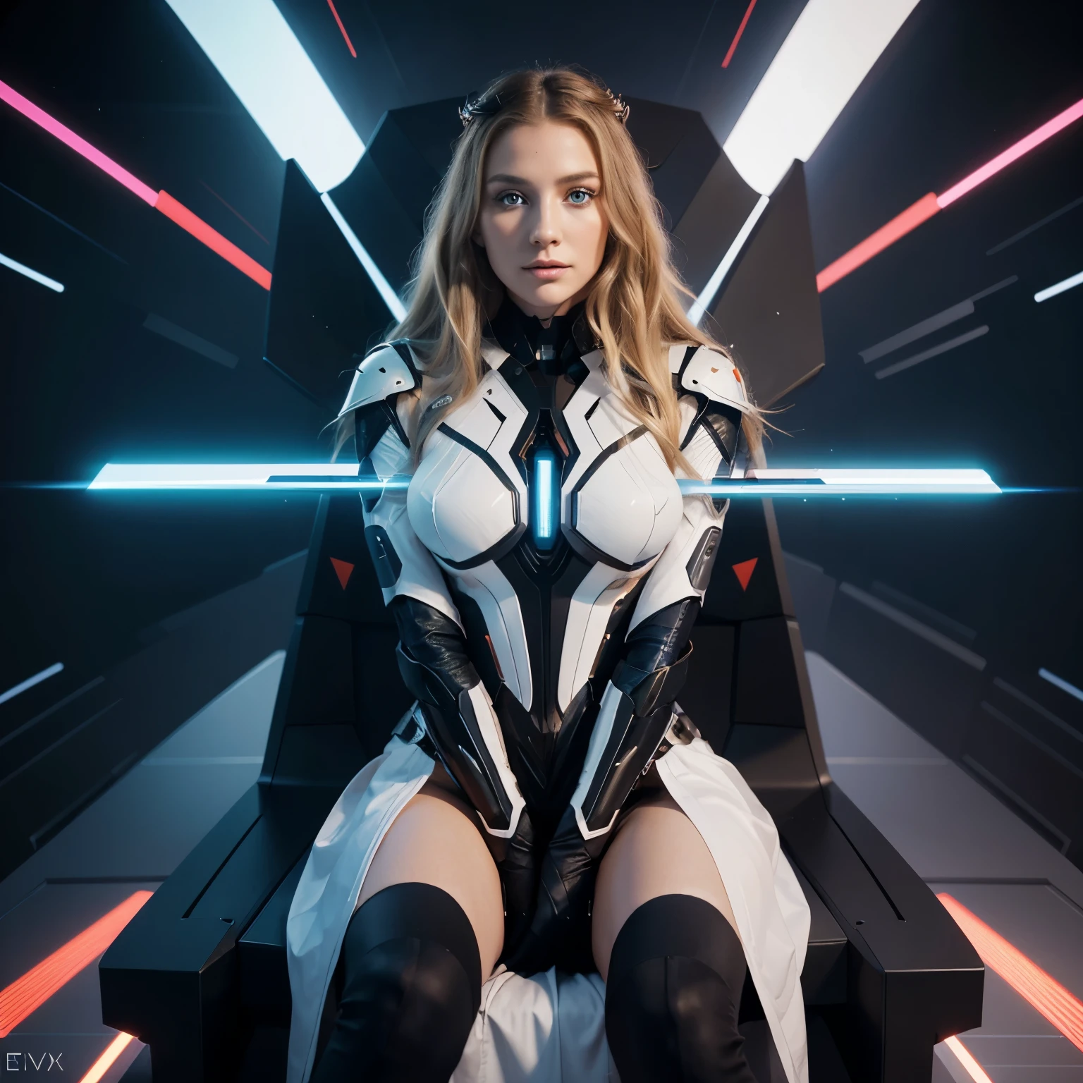 sitting on a futurist a throne, a woman 30 years old white woman she has very long wavy hair, she has red and blond hair, blue eyes, slim face and nose, slim, futurist royal dress, mix of armor and dress, futurist crown with lights and diamonds, scepter, abstract, colorful vectors, dynamic lines, geometric shapes, gradient colors, futuristic, digital art, high-tech, vibrant hues, 3D rendering, minimalist design, symmetrical patterns, neon lights, glowing effects, sharp edges, vector graphics, vector art, motion blur, vector illustration, smooth curves, precise angles, precision rendering, modern aesthetics, sleek style, innovative composition, high-contrast, energy, kinetic, digital brushstrokes, surreal, chromatic aberration, artistry, professional quality, ultra-detailed, vivid colors, vibrant atmosphere, dynamic perspective