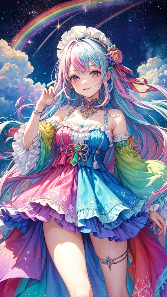 (masterpiece, highest quality, highest quality,watercolor (Moderate),Official Art, beautifully、aesthetic:1.2),(One girl:1.3), (Fractal Art:1.3), View your viewers,pattern,(Rainbow Hair,colorful hair,Half Blue、Half pink hair:1.2),water,liquid, cloud,colorful, Starry sky,performer,from the front,Smile,See-through costume,Upper body and thighs