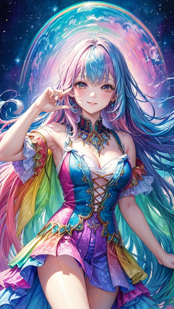 (masterpiece, highest quality, highest quality,watercolor (Moderate),Official Art, beautifully、aesthetic:1.2),(One girl:1.3), (Fractal Art:1.3), View your viewers,pattern,(Rainbow Hair,colorful hair,Half Blue、Half pink hair:1.2),water,liquid, cloud,colorful, Starry sky,performer,from the front,Smile,See-through costume,Upper body and thighs