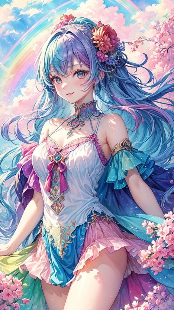 (masterpiece, highest quality, highest quality,watercolor (Moderate),Official Art, beautifully、aesthetic:1.2),(One girl:1.3), (Fractal Art:1.3), View your viewers,pattern,(Rainbow Hair,colorful hair,Half Blue、Half pink hair:1.2),water,liquid, cloud,colorful, Starry sky,performer,from the front,Smile,See-through costume,Upper body and thighs