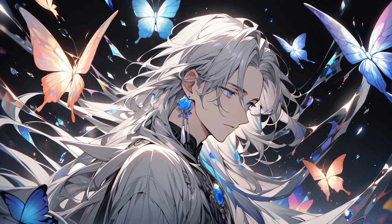 masterpiece, Male Focus, 1 boy, Lonely, Gray Hair, Tassel Earrings, Tassel, jewelry, Earrings, Black background, blue eyes, Long Hair, crystallization, butterfly, Upper Body, Colorful Hair,Pearlescent Rose,personal,The eyes are very detailed