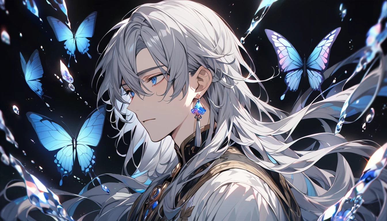 masterpiece, Male Focus, 1 boy, Lonely, Gray Hair, Tassel Earrings, Tassel, jewelry, Earrings, Black background, blue eyes, Long Hair, crystallization, butterfly, Upper Body,  Colorful Hair，Pearlescent Rose，personal，The eyes are very detailed