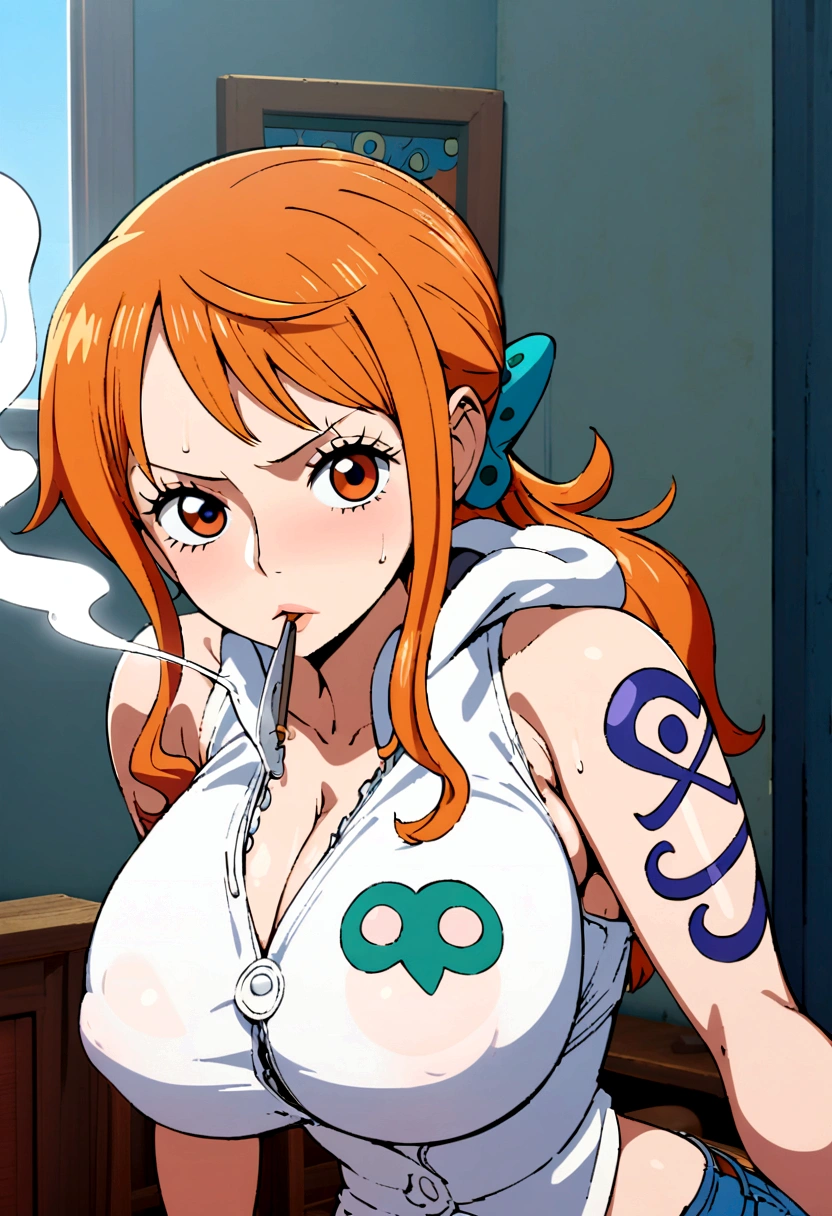 a cartoon picture of a woman in a bikini top and jeans, nami one piece, nami from one piece, nami, beautiful portrait of nami, from one piece, oppai, blue eyes, smoking, ponytail, nsfw