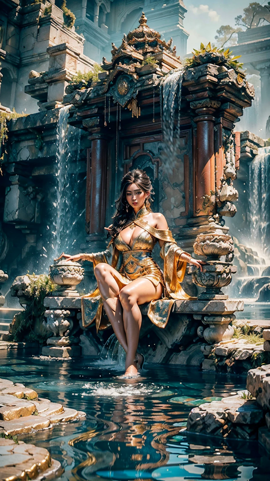 Full built of water body Insanely Beautiful Masterpiece finest details Beautiful female made entirely out of water, elemental, beautiful face, Bombshell, massiveboobs, attractive, Detailed Render, Breathtaking, 16k resolution dynamic lighting hyperdetailed intricately detailed Splash art trending on Artstation triadic colors Unreal Engine 5 volumetric lighting"sitting on ground, legs wide open , sitting, ((spreading legs crossed)) white Chinese outfit ,