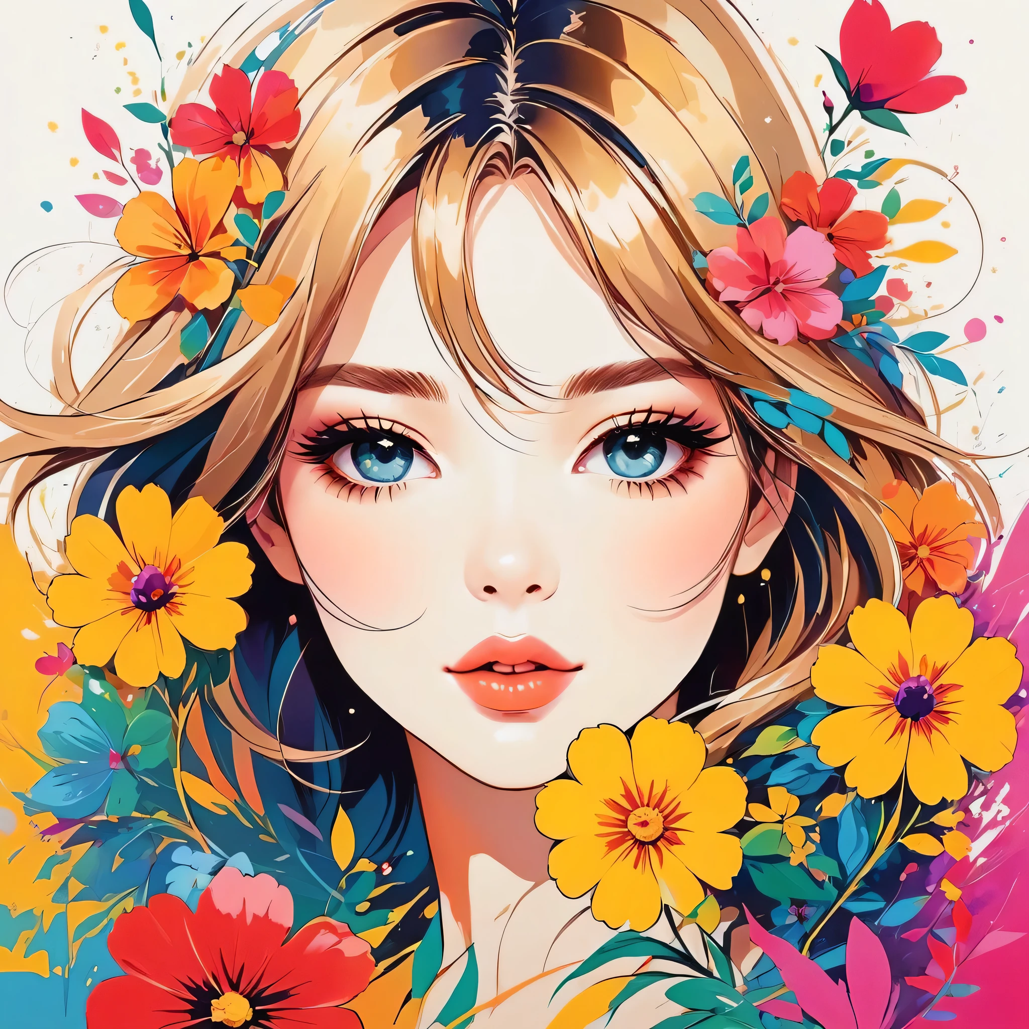 Mika Pikazo style, Simple Line Initialism，Abstract art，Urban Background, colorful flowers ,(((The most beautiful girl of all time))), Sweet face., Lips in love