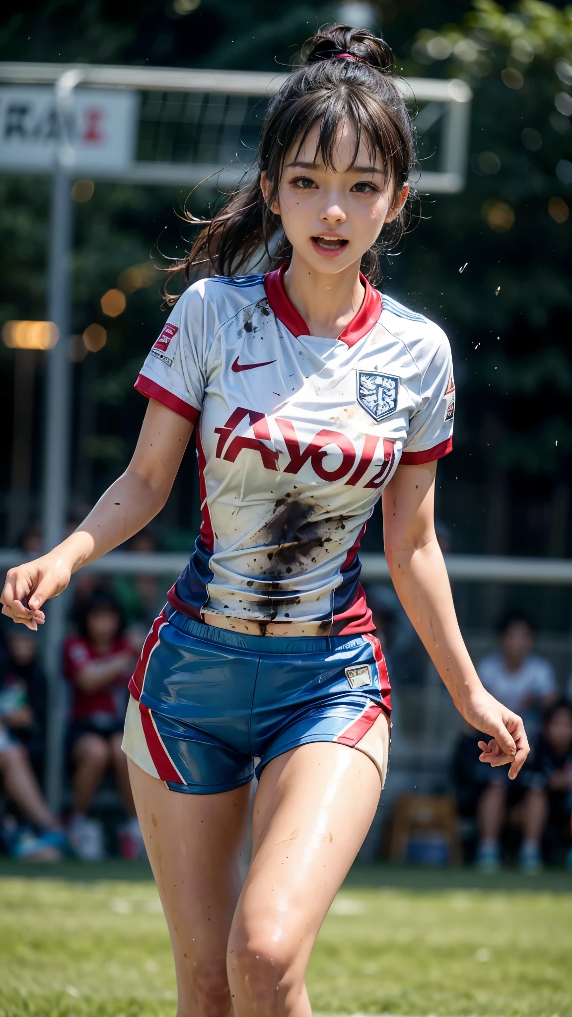 Highest quality, High resolution:1.2, Very detailed, Realistic:1.3, ((Beautiful woman))、((((Super tight uniform))))、((Super big breasts))、(The abdomen is visible)、Vibrant colors, ((play soccer)),((Blunt bangs))、Various Hair Styles、Different hair colors、With bangs、Wet Hair, concentrate, splash, Action Shots, Grass blotches, Muddy ground, Wet turf, decide, Fast-paced games, Athletic physique, Shiny soccer ball, Wet Uniform, raindrop, Blurred motion, ボールにconcentrateする, Intense competition, Skillful dribbling, Energetic play, Teamwork, powerful shoots, Wet pitch, Passionate sports, Fierce decide, Humid atmosphere, Fluid movement, emotional expression、Dramatic lighting, Women's Sports, Avid athletes, Exciting Games, Endure, Excited state, Speed and agility, Energetic play, 濡れたsplash、smile、Red Uniform