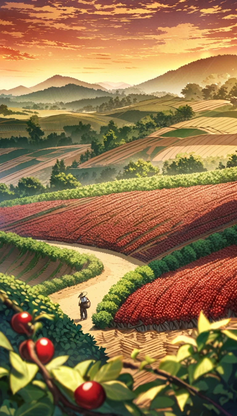 Create a colorful illustration that highlights the strength and vitality of the coffee field. The image should show a vast coffee plantation with neat rows of healthy, green bushes loaded with red cherries. In the center of the scene include a robust farm worker with defined muscles, wearing a rolled-up long-sleeved shirt, work pants and a straw hat, as he carries a heavy bag of coffee beans on his back. Your expression should reflect determination and pride in hard work.
In the background, show the rising sun, illuminating the landscape with golden tones, symbolizing a new day of work and the promise of an abundant harvest. Add details like harvesting tools, baskets full of coffee cherries, and an ox cart in the distance, loaded with bags of coffee ready for transport.
Use vibrant, contrasting colors to highlight the vitality and energy of the countryside, with an emphasis on the green tones of plants, the red of coffee cherries and the gold of the sun. The scene should convey the essence of the hard work, physical strength and pride of the coffee field workers.