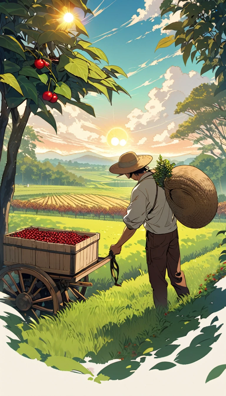 Create a colorful illustration that highlights the strength and vitality of the coffee field. The image should show a vast coffee plantation with neat rows of healthy, green bushes loaded with red cherries. In the center of the scene include a robust farm worker with defined muscles, wearing a rolled-up long-sleeved shirt, work pants and a straw hat, as he carries a heavy bag of coffee beans on his back. Your expression should reflect determination and pride in hard work.

In the background, show the rising sun, illuminating the landscape with golden tones, symbolizing a new day of work and the promise of an abundant harvest. Add details like harvesting tools, baskets full of coffee cherries, and an ox cart in the distance, loaded with bags of coffee ready for transport.

Use vibrant, contrasting colors to highlight the vitality and energy of the countryside, with an emphasis on the green tones of plants, the red of coffee cherries and the gold of the sun. The scene should convey the essence of the hard work, physical strength and pride of the coffee field workers.