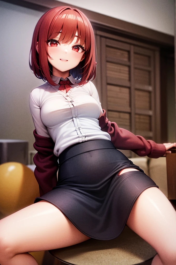 (The ultimate masterpiece), (Ultra HD), (Ultra-fine), High resolution, Ultimate beauty, High chroma, vivid, (pretty girl), Thighs, (cardigan), (skirt), Super Smile, Mouth open, Red hair,ショートBob，(Bob),Red Eyes ,Small breasts, Cute room