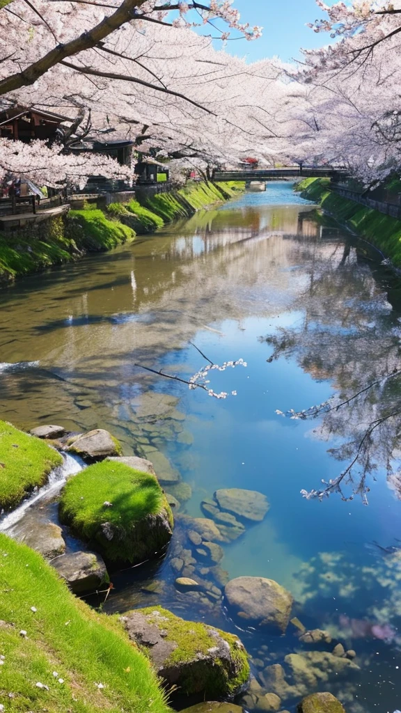 美しいMountain々Please draw a spring landscape surrounded by。Mountain々There is still snow on the summit、The snow melts and flows as a river。The water in the river is clear and、You can see the stones and small fish on the riverbed.。On both sides of the river, lush greenery grows.、Cherry blossoms are blooming。The spring sunlight reflects off the surface of the river, making it sparkle.。Overall、Create a warm and gentle spring atmosphere。