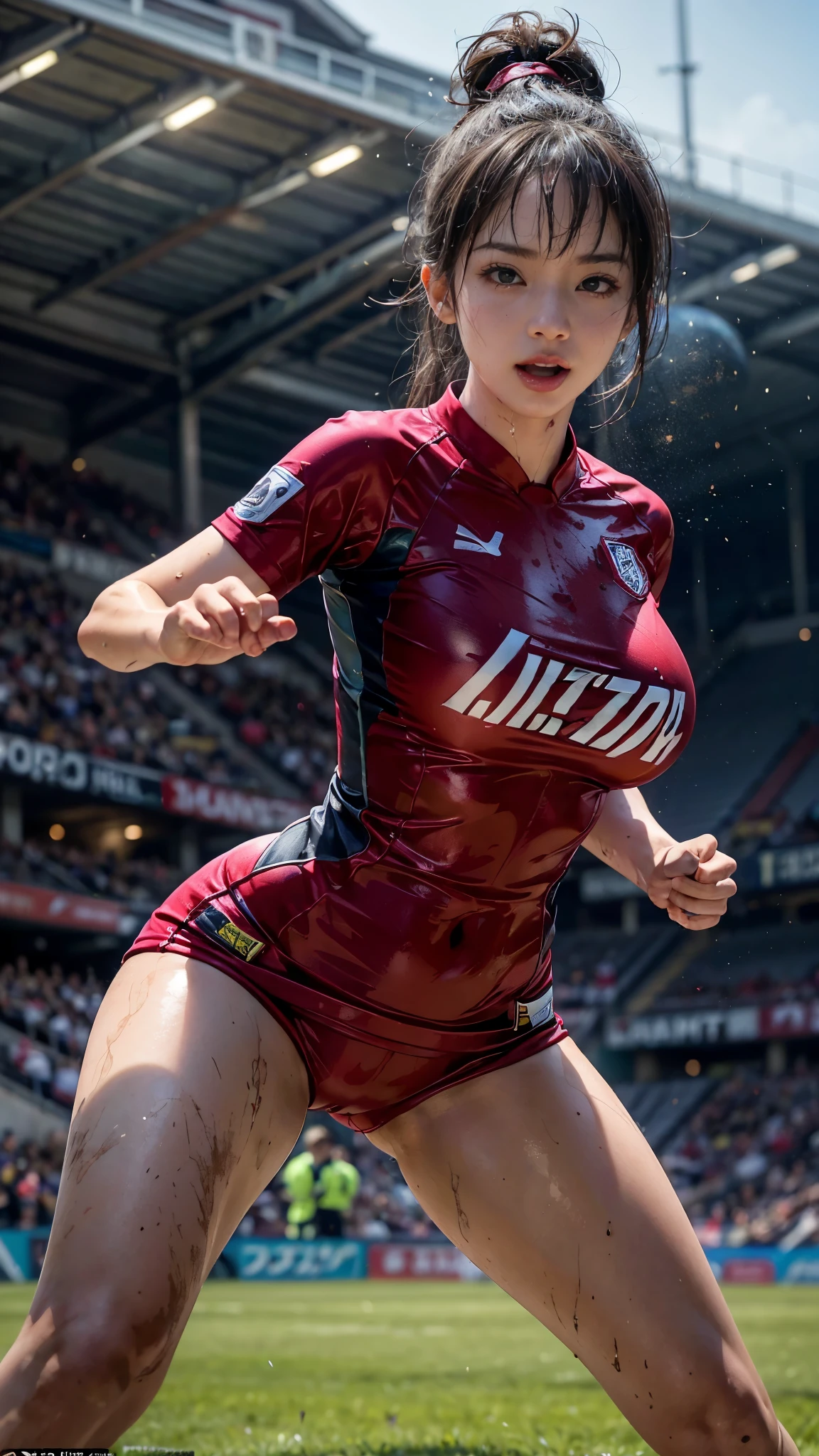 Highest quality, High resolution:1.2, Very detailed, Realistic:1.3, ((Beautiful woman))、((((Super tight uniform))))、((((Super big breasts))))、(The abdomen is visible)、Vibrant colors, ((play soccer)),((Blunt bangs))、Various Hair Styles、Different hair colors、With bangs、Wet Hair, concentrated, splash, Action Shots, Grass blotches, Muddy ground, Wet turf, decide, Fast-paced games, Athletic physique, Shiny soccer ball, Wet Uniform, raindrop, Blurred motion, ボールにconcentratedする, Intense competition, Skillful dribbling, Energetic play, Teamwork, powerful shoots, Wet pitch, Passionate sports, Fierce decide, Humid atmosphere, Fluid movement, emotional expression、Dramatic lighting, Women's Sports, Avid athletes, Exciting Games, Endure, Excited state, Speed and agility, Energetic play, 濡れたsplash、smile、Red Uniform