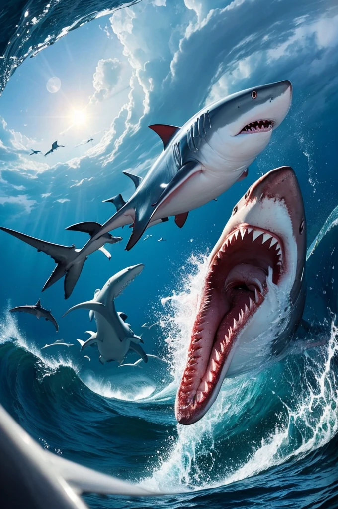 A large shark with one eye on each side is flying through the sky with its mouth open. In the background, there is a huge tornado, and sharks are swirling around the tornado.