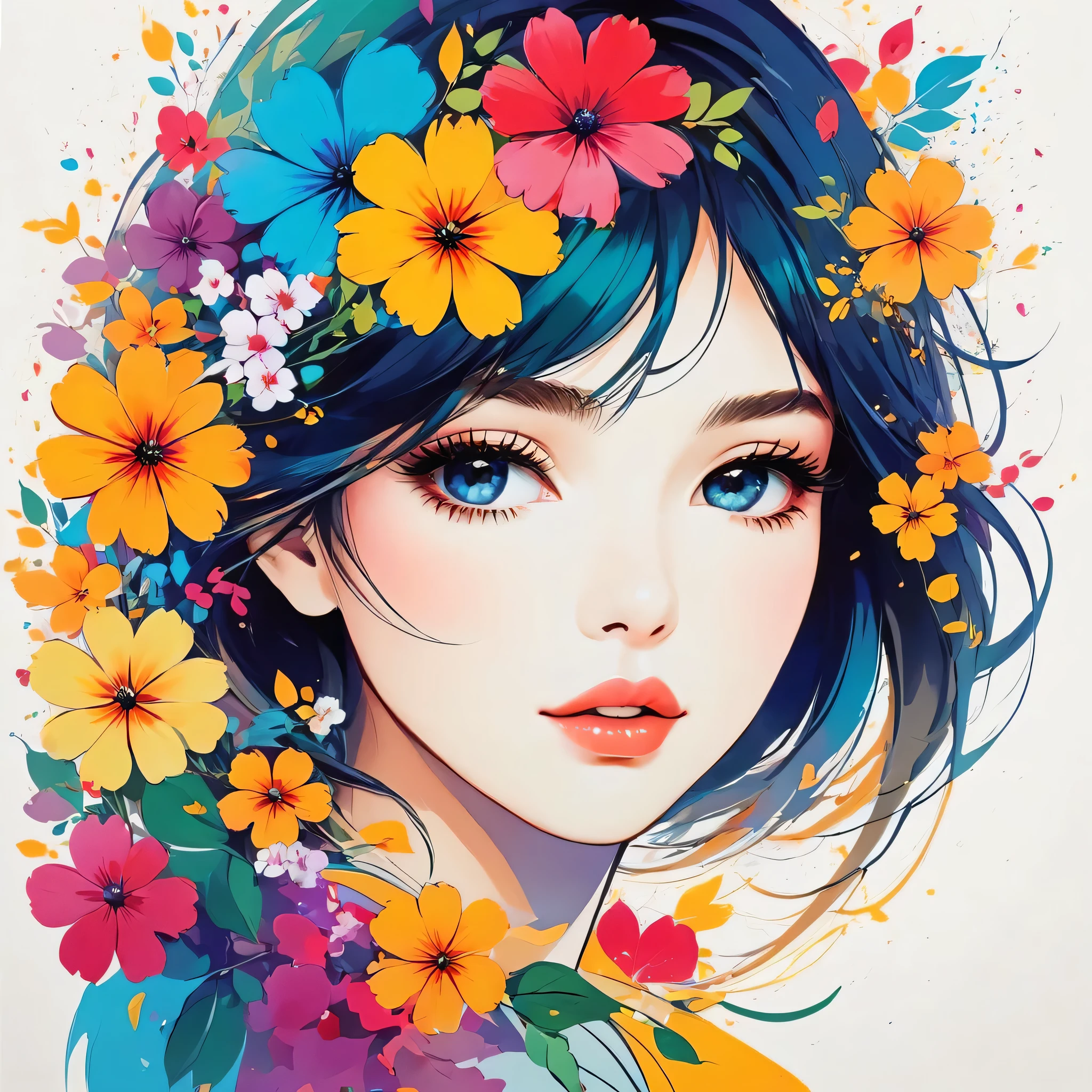 Mika Pikazo style, Simple Line Initialism,Abstract art,Urban Background, colorful flowers ,(((The most beautiful girl of all time))), Sweet face., Lips in love