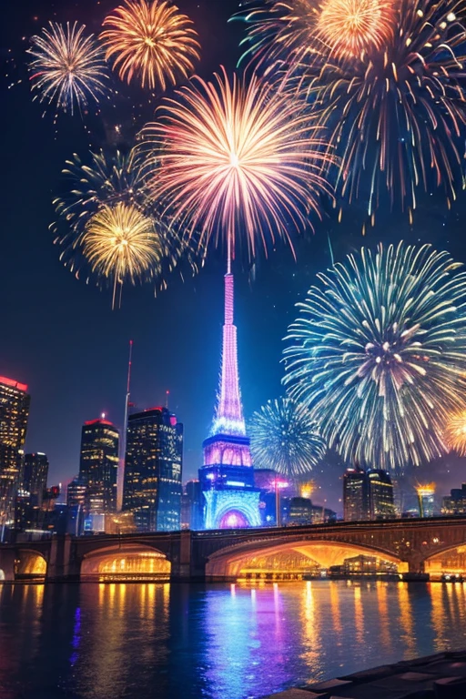 Highest quality、Landscape painting、firework、Neon lights in the city