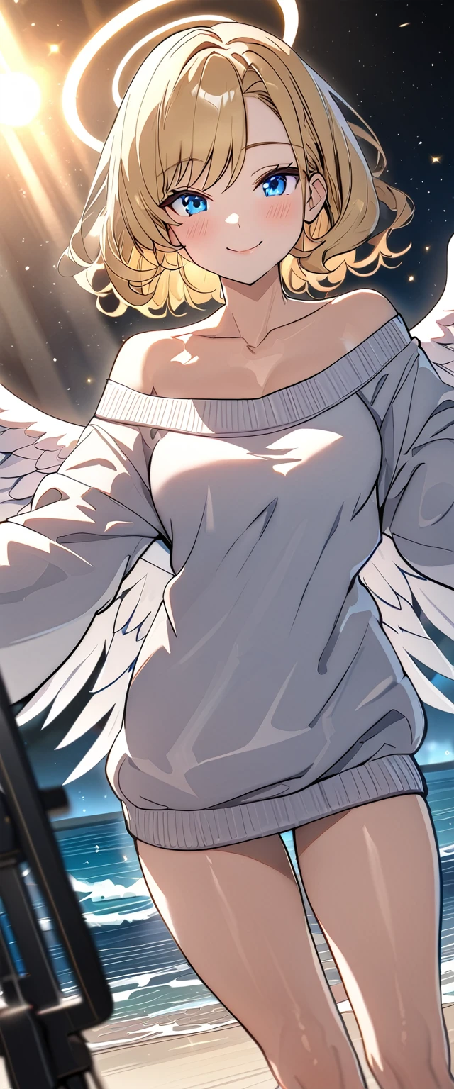((angel, big big white wings:1.3, halo:1.3)), ((sea, beach)), (((spread arms))), (((cowboy shot))), ((flying)), archangel Uriel, ((wavy hair, outward curled hair)), evening, Sunset, ((blond hair, bob cut:1.3)), breasts, teenager, (looking at viewer), oversized clothes, puffy long sleeves, collarbone, ((off-shoulder sweater:1.3, Quite thick shoulder straps)), ((white sweater)), collarbone, head tilt:1.3, (((blue eyes))), ((happy smile)), (((anime style))), (best quality, 4K, 8K, highres, masterpiece:1.2, ultra-detailed, ultra-detailed eyes, HDR, uhd, studio lighting, ultra-fine painting, sharp focus, physically-based rendering, extreme detail description, professional, vivid colors, bokeh)