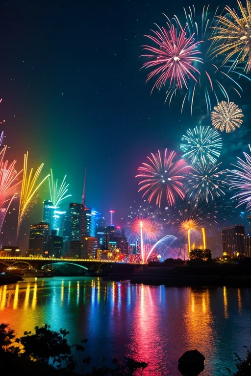 Highest quality、Landscape painting、firework、Neon lights in the city