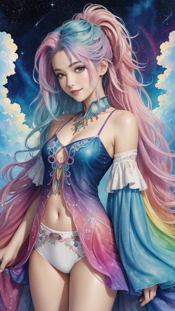 (masterpiece, highest quality, highest quality,watercolor (Moderate),Official Art, beautifully、aesthetic:1.2),(One girl:1.3), (Fractal Art:1.3), View your viewers,pattern,(Rainbow Hair,colorful hair,Half Blue、Half pink hair:1.2),water,liquid, cloud,colorful, Starry sky,performer,from the front,Smile,See-through costume,Upper body and thighs