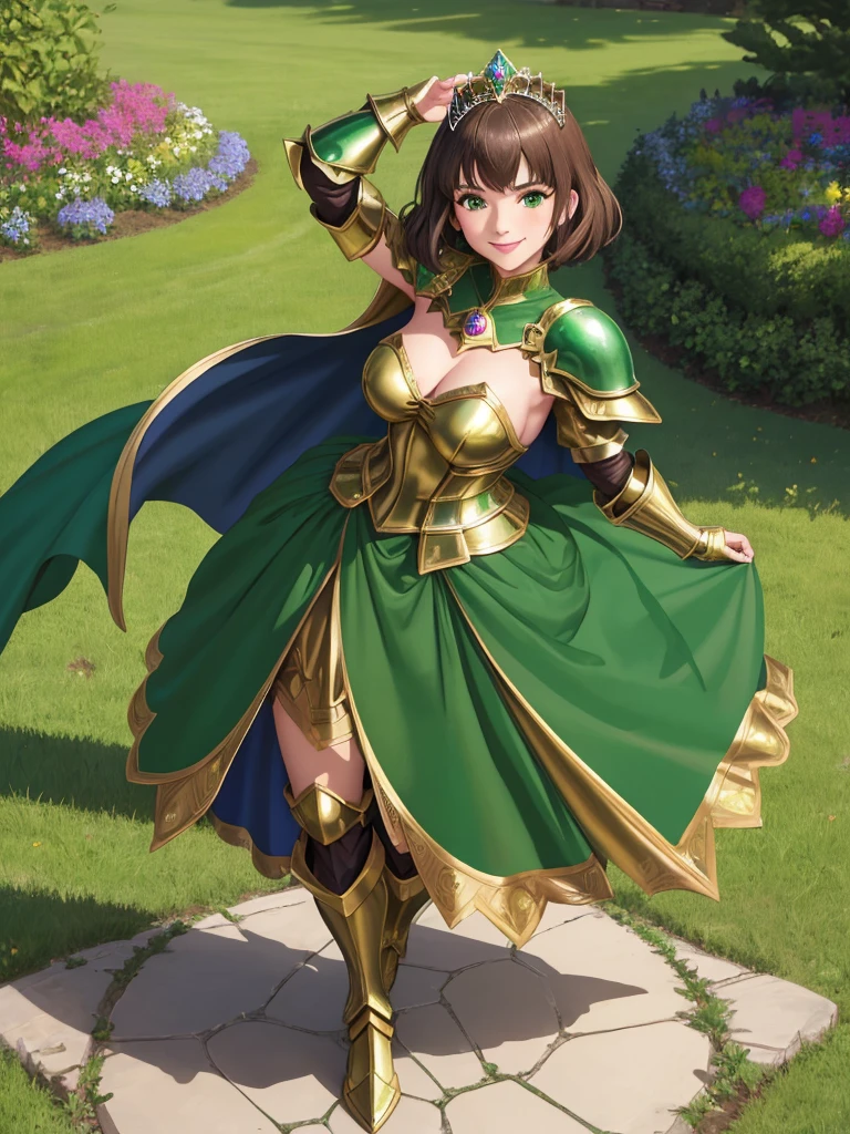masterpiece, best quality:1.2), 1girl, smile, looking at viewer, green eyes, short brown hair, princess, armor, , pauldrons, armored dress, green cloak cape, wearing puffy blue ballgown skirt, golden tiara with green gem, armored boots, fingerless gloves, standing in medieval garden