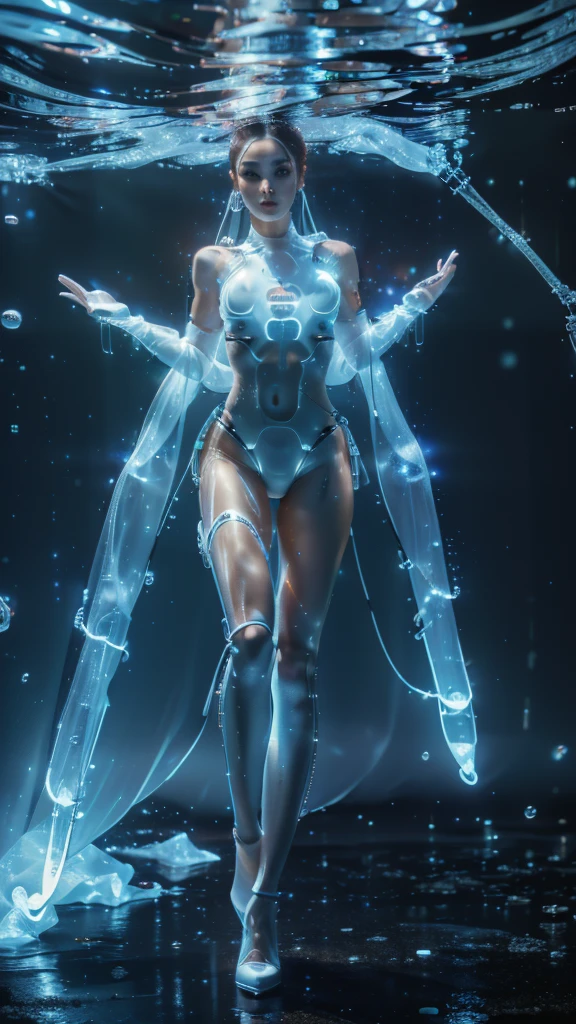 realistic detailed 8k high quality photorealistic portrait of a technologically advanced female android or cyborg with a graceful, glamorous physique, long legs, and a glass-like transparent skin revealing inner electronic systems and glowing tubing, 20 years old, with long wet messy gray long hair, double eyelids, large eyes, glowing LED lights, seamlessly integrated organic and mechanical elements, breathtakingly beautiful humanoid cyborg android, in a neon background with white and transparent colors, in a fetal-like pose underwater with large bubbles, advanced cybernetic implants,