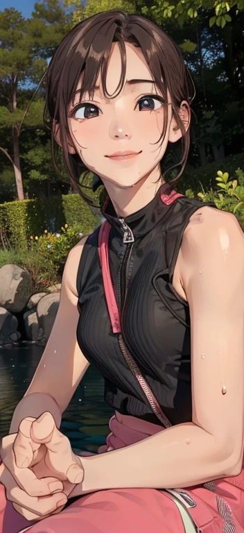 girl, Sweat, vapor, Center of chest, shy, Great hands, Looking at the audience, Cute Smile