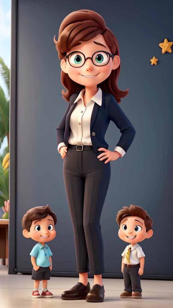A playful cartoon teacher standing in front of a blackboard, asking a group of smiling cartoon kids, "Can anyone tell me the largest ocean?"