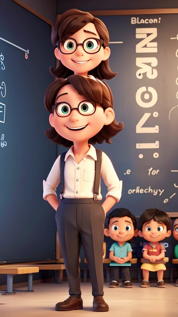 A playful cartoon teacher standing in front of a blackboard, asking a group of smiling cartoon kids, "Can anyone tell me the largest ocean?"