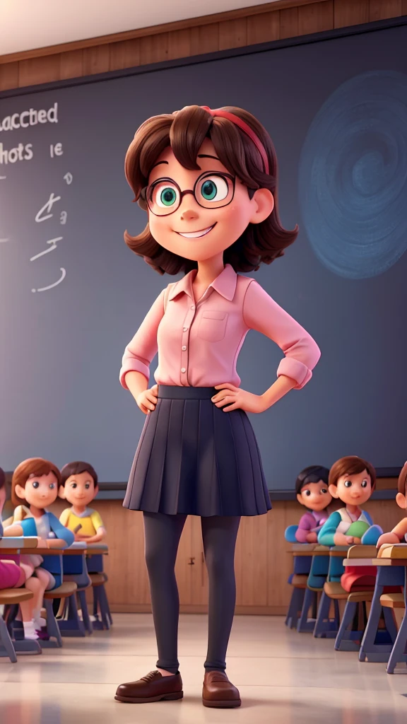 A playful cartoon teacher standing in front of a blackboard, asking a group of smiling cartoon kids, "Can anyone tell me the largest ocean?"