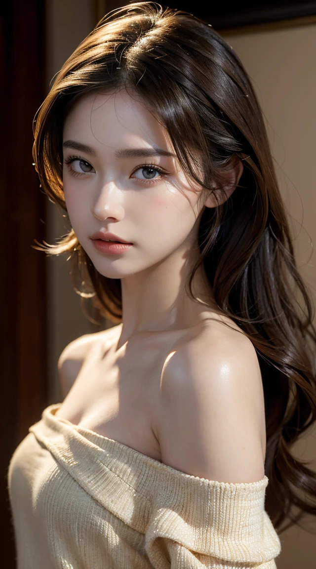 best quality, masterpiece, ultra high resolution, (lifelike:1.4), original photo, 1 girl, Off the shoulders, Cinema lighting