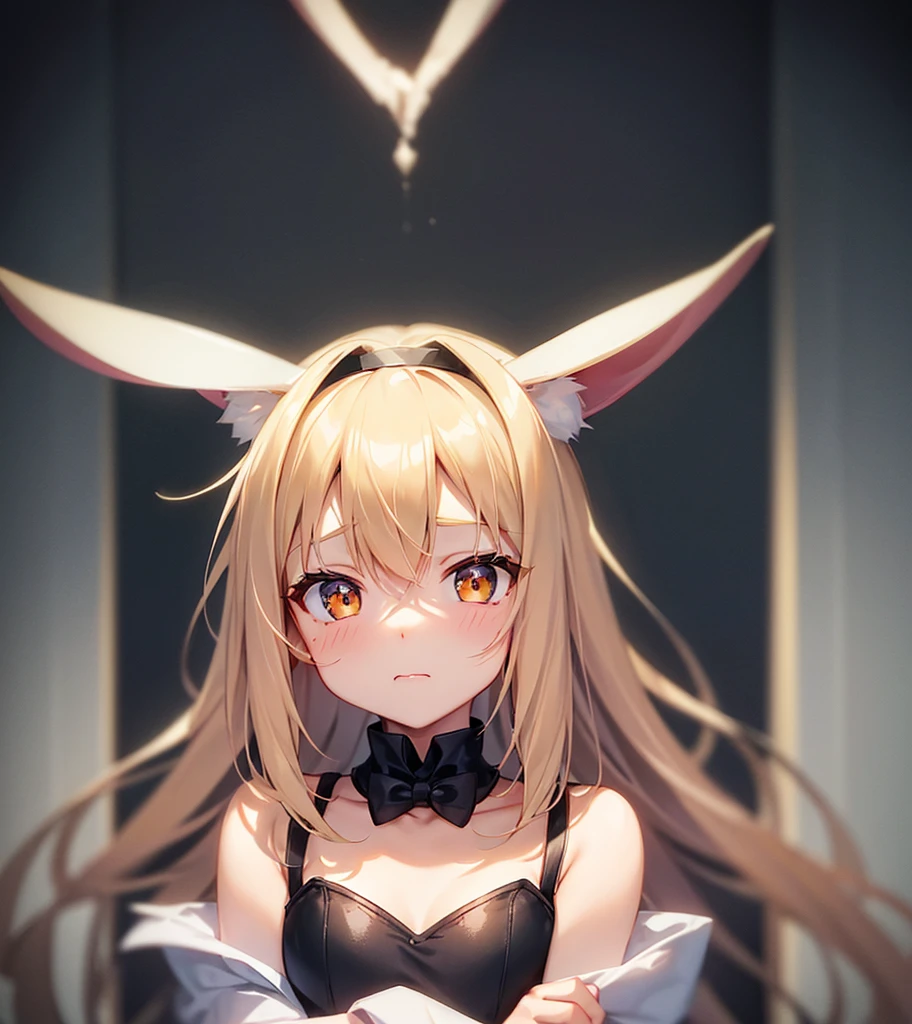 Bunny girl,Bunny ears,Cute little ,Tiny ,Small girl,,Childish face, Very fine clean face,Top quality,(Dark Room), Subtle light, Natural light,Soft lighting,Light from directly behind, (Are standing),With bust up,Front view,Black background