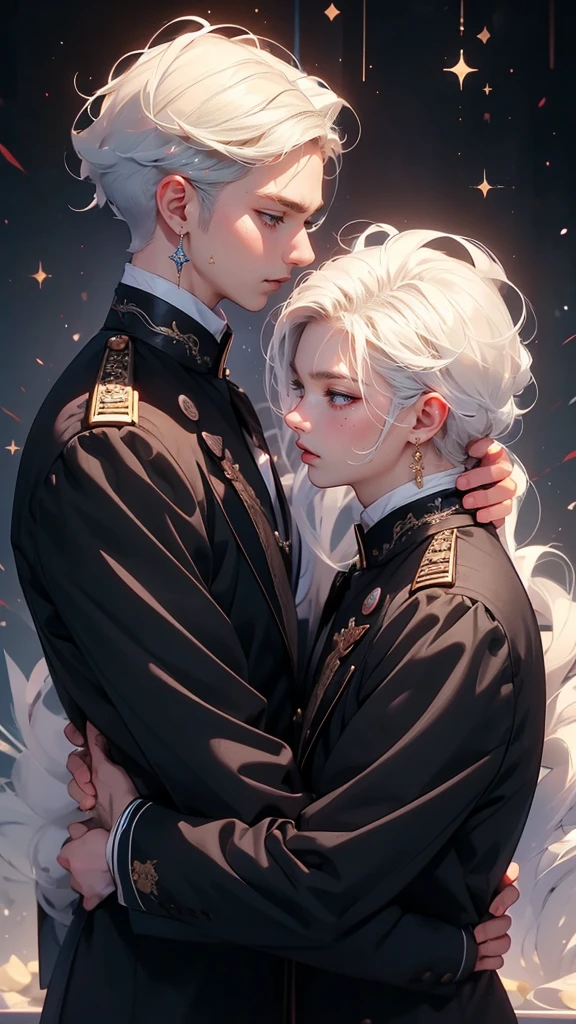 (Mastepiece), (Best Quality), Very detailed, ((Two men intimate:1.5)), Perfect Face, Beautiful Face, Very detailed顔,(Black Haired Man:1.3),(Man with white hair:1.3),uniform、shirt