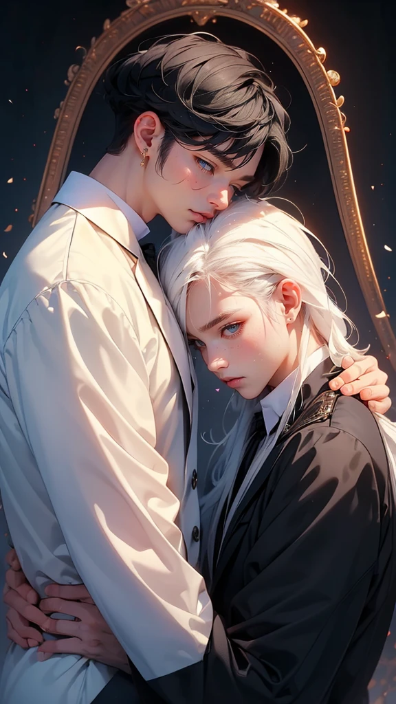 (Mastepiece), (Best Quality), Very detailed, ((Two men intimate:1.5)), Perfect Face, Beautiful Face, Very detailed顔，(Black Haired Man:1.3)，(Man with white hair:1.3)，uniform、shirt