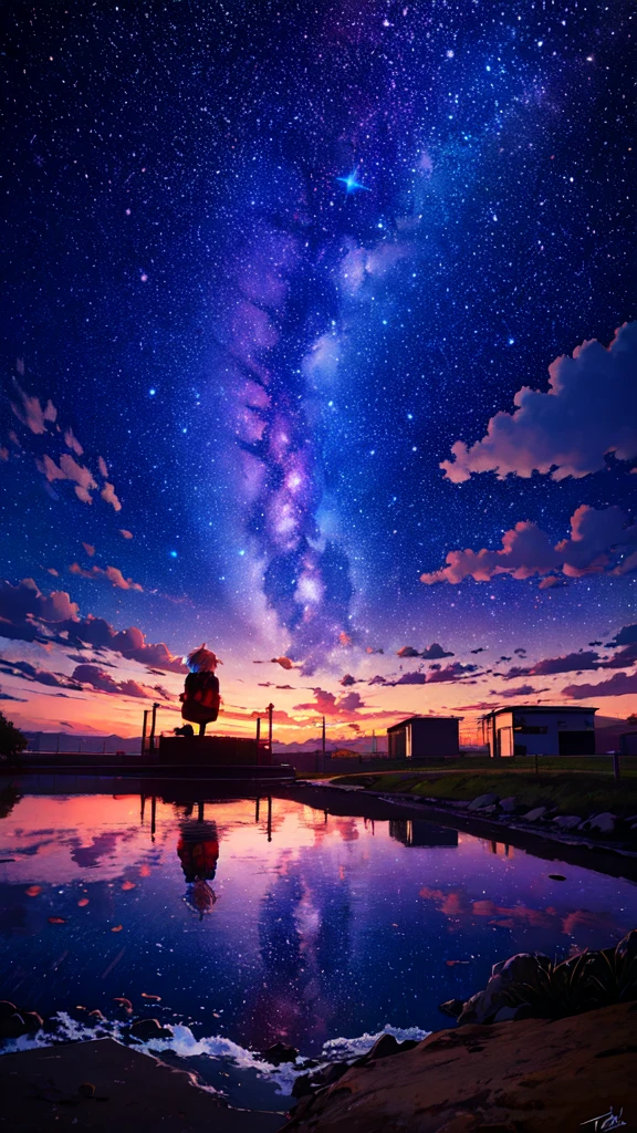 masterpiece, best quality, octans, sky, star (sky), scenery, starry sky, night, night sky, solo, sitting, outdoors, building, cloud, milky way, reflections, RTX, cityscape, techwear jacket, looking away, 1girl, red eyes, streaked white hair, mature, long messy ponytail, 