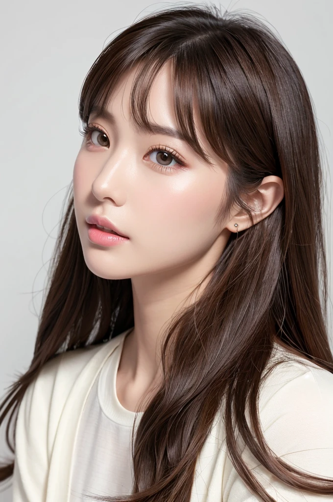 (Highest quality、Tabletop、8K、Best image quality、Award-winning works)、((profile:1.4))、ear、((Long Hair:1.46)),(Brown Hair)、(White casual clothes:1.2)、(The simplest pure white background:1.3)、(Perfectly fixed in front:1.1),(Portrait with Space:1.2)、Beautiful and exquisite、Perfect Makeup、Ultra-high definition beauty face、Ultra HD Hair、Ultra HD Shining Eyes、Super high quality glossy lip、Accurate anatomy、Very beautiful skin、(Pure white skin shining in ultra-high resolution:1.1)、(Very bright:1.2),Big Natural Color Lip、Lip gloss,Harajuku、cute、cute美人