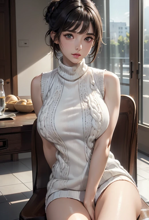 ( masterpiece, precise, Anatomically_correct, Texture_skin, excellent_detail, the best_quality, 1080P, HD, 4K, 8K, 16K), (beautiful_detailed_Eyes, beautiful_detailed_Lips, extremely_detailed_Eyes_and_Face), Soft_light, Physically based_Rendering, vivid_color, (Large target_breast:1.5), (short hair_thin braids_Bun hairstyle), (shining_hair, shining_skin, Face红), (Bangs:1.5), Eye_reflection, (Bokeh), 微lol_and_lol, (sleeveless_long sweater_knitting:1.5) ,stockings,(sit on the chair,Spread your legs:1.3),See panties, Look at the vagina。