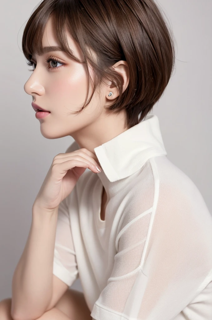 (Highest quality、Tabletop、8K、Best image quality、Award-winning works)、((profile:1.4))、ear、((short hair:1.46)),(Brown Hair)、(White casual clothes:1.2)、(The simplest pure white background:1.3)、(Perfectly fixed in front:1.1),(Portrait with Space:1.2)、Beautiful and exquisite、Perfect Makeup、Ultra-high definition beauty face、Ultra HD Hair、Ultra HD Shining Eyes、Super high quality glossy lip、Accurate anatomy、Very beautiful skin、(Pure white skin shining in ultra-high resolution:1.1)、(Very bright:1.2),Big Natural Color Lip、Lip gloss,Harajuku、cute、cute美人