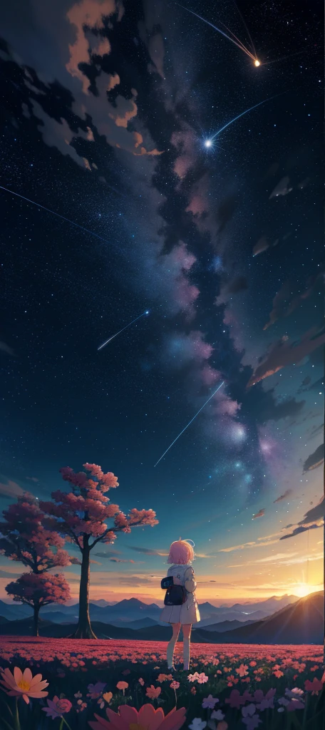 A girl stands in a flower field looking at the stars, anime girl with cosmic hair, cosmos sem fim no fundo, Anime art wallpaper 8 K, Anime art wallpaper 4 K, Anime art wallpaper 4k, tranquility of the endless stars, girl in space, in the cosmos, Anime wallpaper 4 k, Anime wallpaper 4K, sitting on the cosmic cloudscape