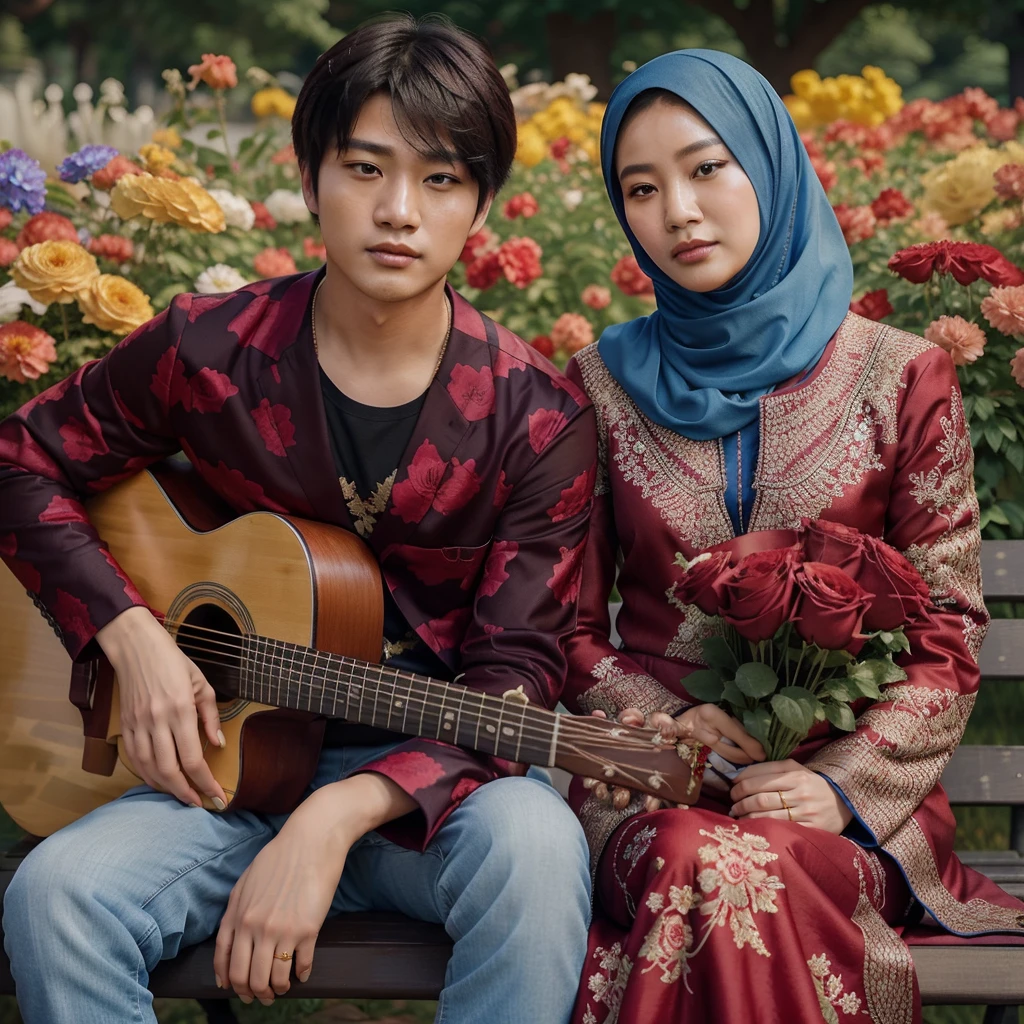 real potrait, full body, Longshot, a Korean man with short hair wearing a dark blue suit, holding a guitar, and an Asian woman wearing a blue hijab wearing a kebaya embroidered with gold thread, holding a bouquet of red roses, sitting side by side on a park bench, colorful flowers behind them