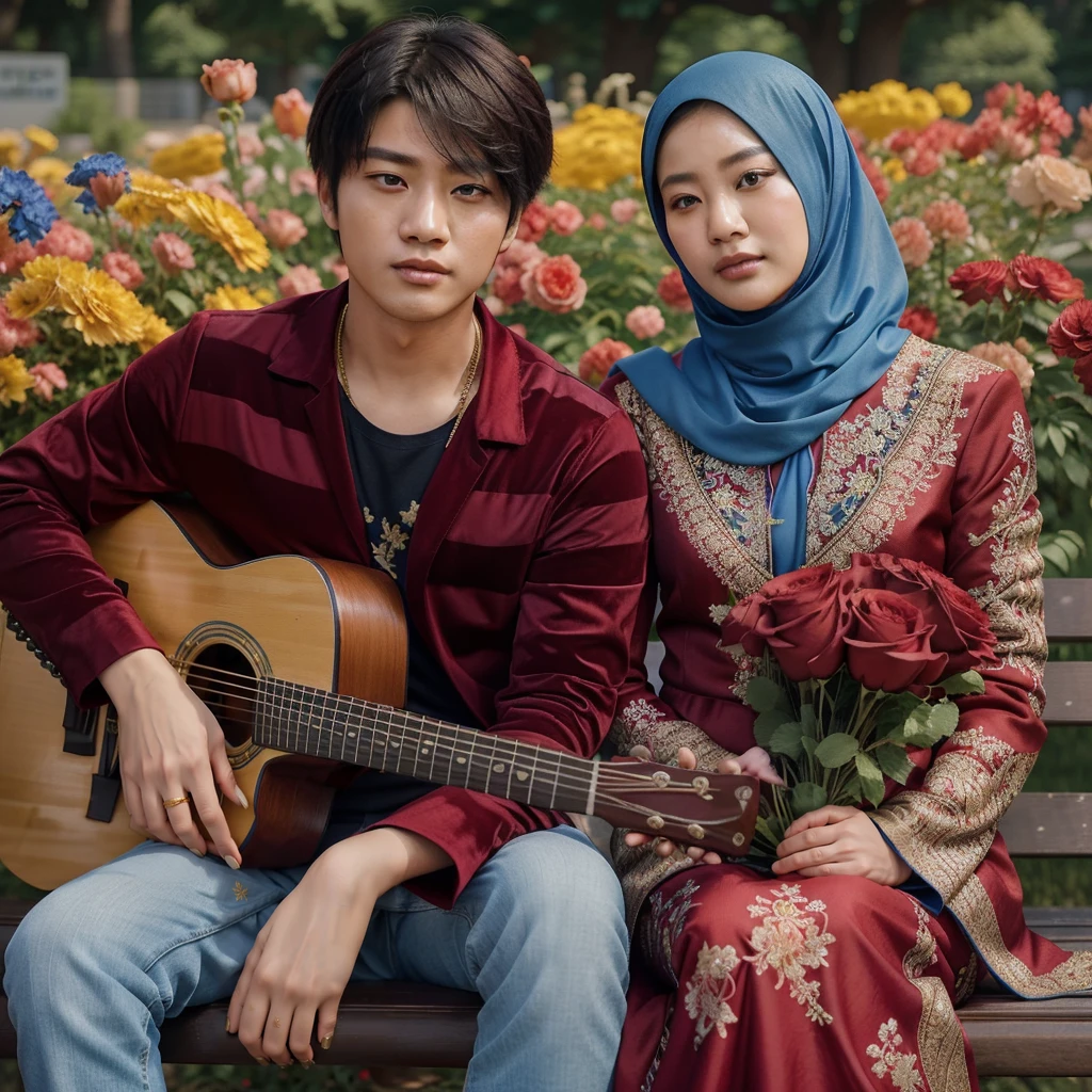 real potrait, full body, Longshot, a Korean man with short hair wearing a dark blue suit, holding a guitar, and an Asian woman wearing a blue hijab wearing a kebaya embroidered with gold thread, holding a bouquet of red roses, sitting side by side on a park bench, colorful flowers behind them