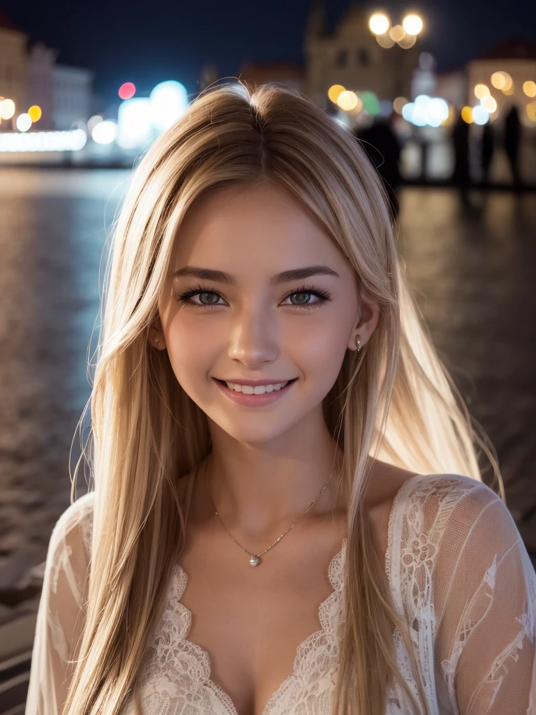 A light smile, night, RAW Photos, (((A portrait of extreme beauty))), (Glowing Skin)), 1 Girl, Beautiful girl in Prague, I&#39;m , ((Natural light blonde hair)), [blue eyes], Shiny skin, Silky long straight hair, eyeliner, Long bangs, Hair between the eyes, Fluttering Hair, ((masterpiece, 最high quality, Super detailed, Film Light, Intricate details, High resolution, 8K, Very detailed)), Detailed Background, 8K UHD, Digital SLR, Soft Light, high quality, Film Grain, Fujifilm XT3, Shallow depth of field, Natural light, (No Hands), Upward glance, Sap eyes,