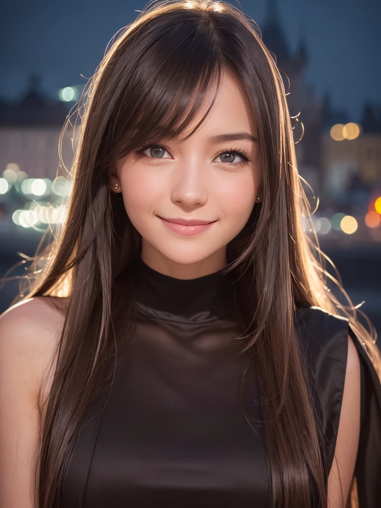 A light smile, night, RAW Photos, (((A portrait of extreme beauty))), (Glowing Skin)), 1 Girl, Beautiful girl in Prague, I&#39;m 11 years old, ((Natural light blonde hair)), [blue eyes], Shiny skin, Silky long straight hair, eyeliner, Long bangs, Hair between the eyes, Fluttering Hair, ((masterpiece, 最high quality, Super detailed, Film Light, Intricate details, High resolution, 8K, Very detailed)), Detailed Background, 8K UHD, Digital SLR, Soft Light, high quality, Film Grain, Fujifilm XT3, Shallow depth of field, Natural light, (No Hands), Upward glance, Sap eyes,